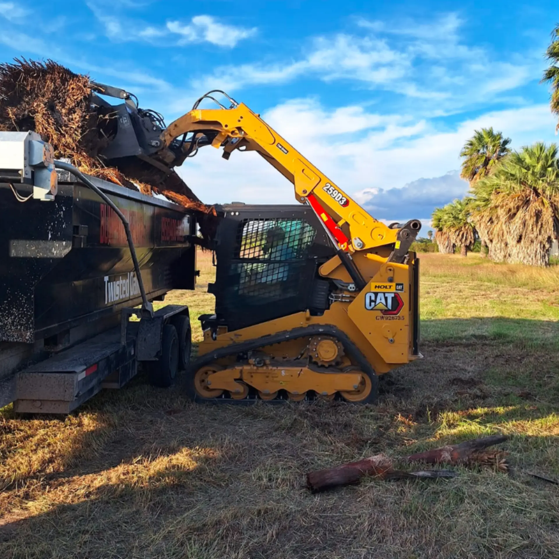 Track loader loading brush and debris into a dump trailer